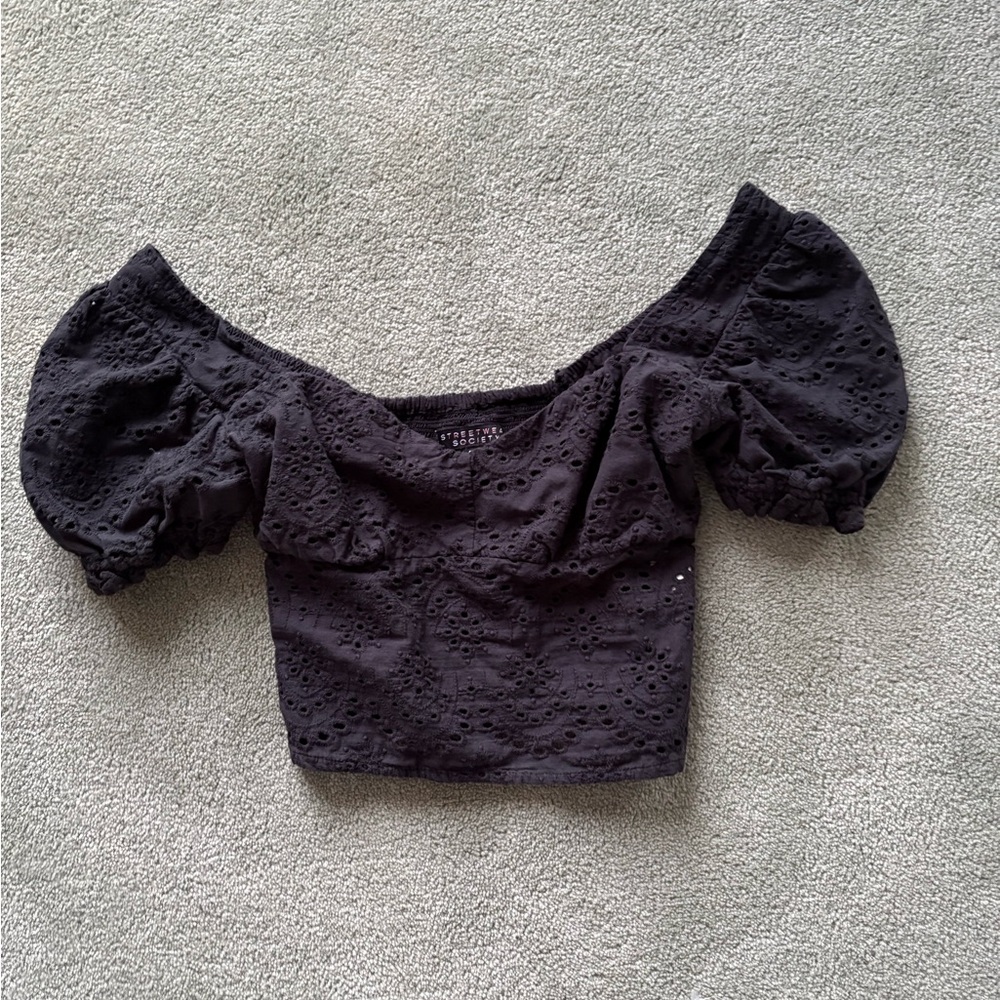Society Black Eyelet Off-Shoulder Crop Top